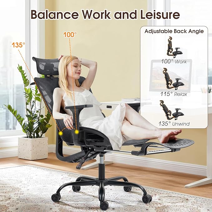 ECOTOUGE Ergonomic Office Chair with Footrest, High Back Mesh Computer Chair with Adjustable Lumbar Support, Rolling Swivel Desk Chair for Home Office, Gaming Chair with Headrest and Wheels, Black