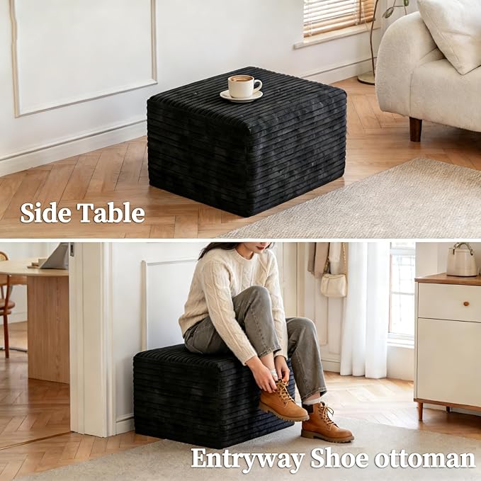 25.6" Corduroy Ottoman Foot Rest,Plush Memory Foam Couch Ottomans,Boneless Compressed Sofa in a Box for Living Room No Assembly Require,Black