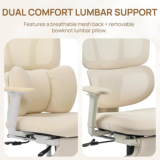 CabLady S1 Petite Ergonomic Home Desk Chair with Footrest and Headrest, High Back Fixed Lumbar Support with Detachable Pillow, Reclining Cute Office Chair for Women & Girls, 300 LBS Capacity