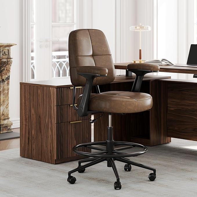 Drafting Executive Chair, Tall Office Chair with Padded Flip-Up Armrests, Mid-Back Cushioned Seat, 360° Swivel Rolling Computer Desk Chair for Standing Desk & Home Office, Vintage Brown
