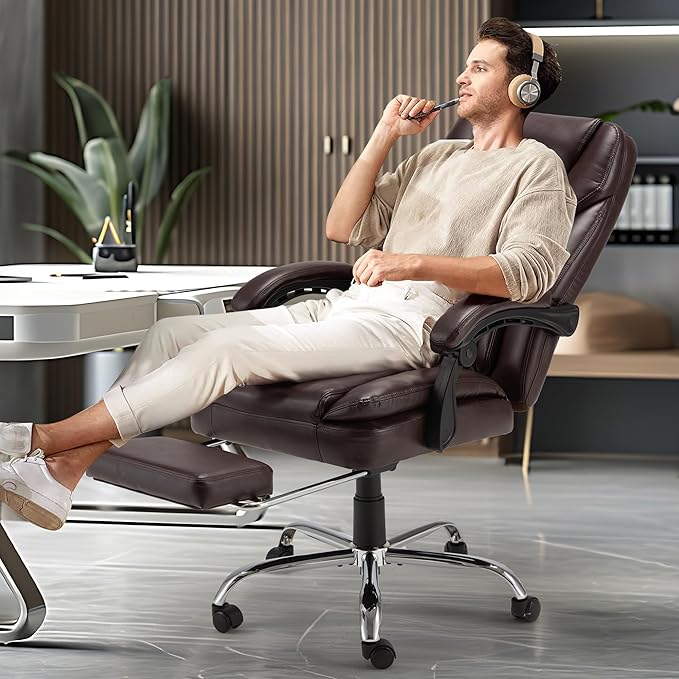 HOMREST 6-Point Massage Office Chair,Heated Executive Ergonomic Home Office Desk Chair with Foot Rest Retractable Height Adjustable Armrest & Lumbar Support PU Leather Brown