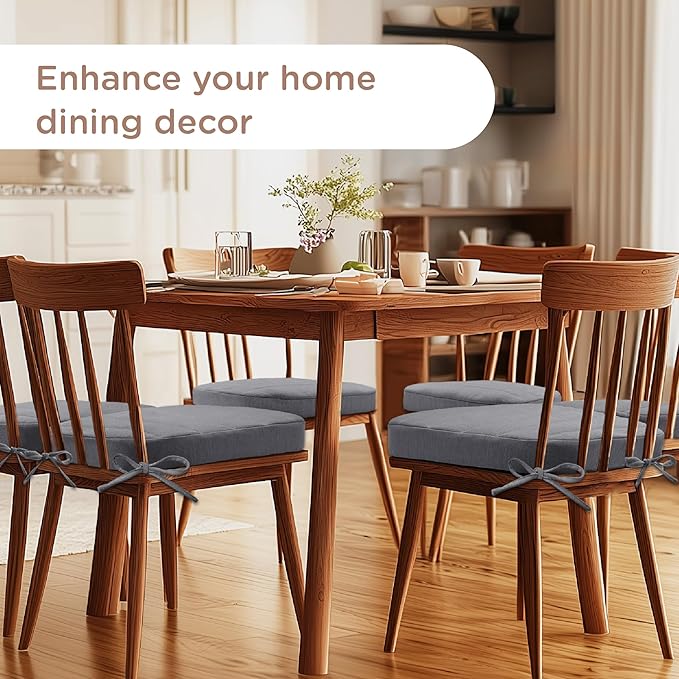 Codi Dining Chair Cushions Set of 4, Indoor Chair Pad for Kitchen and Bar Stool - Washable, Non-Slip Seat Cushion with Ties, 16x17 inch, Grey, 4 Pack