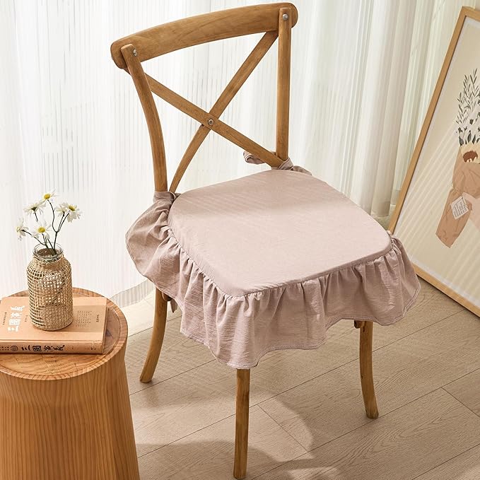 vctops Cotton Ruffled Chair Cushion for Kitchen Dining Room Chairs Farmhouse Neutral Thin Seat Cushion Soft Foam Non Slip Chair Pad with Removable Cover (Camel,16"x16")