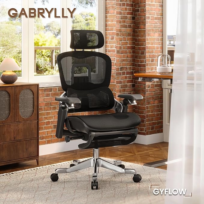 GABRYLLY Ergonomic Office Chair, Home Mesh Desk Chair with Sync Lumbar Support & Sliding Seat, 4D Arm, 150° Recline, Adjustable Back,Big & Tall Computer Chair-Footrest,Aluminum Base, Black, FLOW550