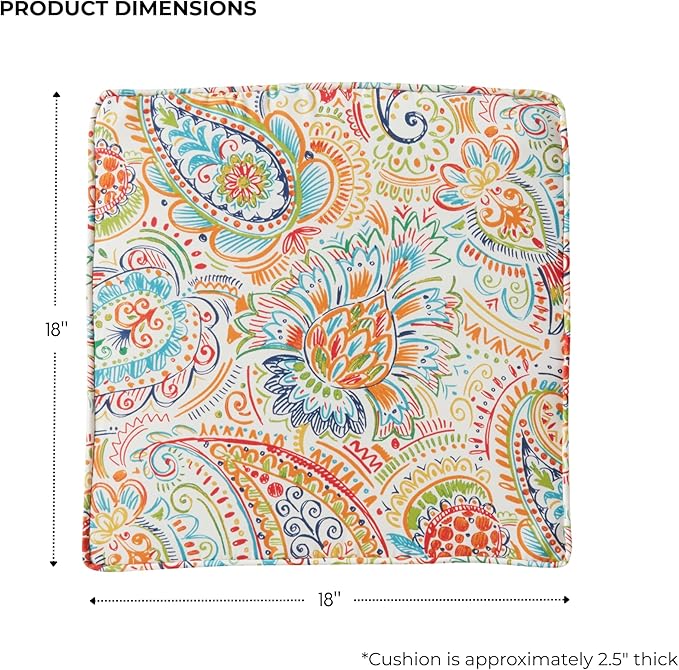 Outdoor 18 inch Square Patio Dining Chair Pads – Comfortable Fiber-Filled Seat Cushions with Ties, Reversible Polyester Fabric - Jamboree Paisley, Set of 4