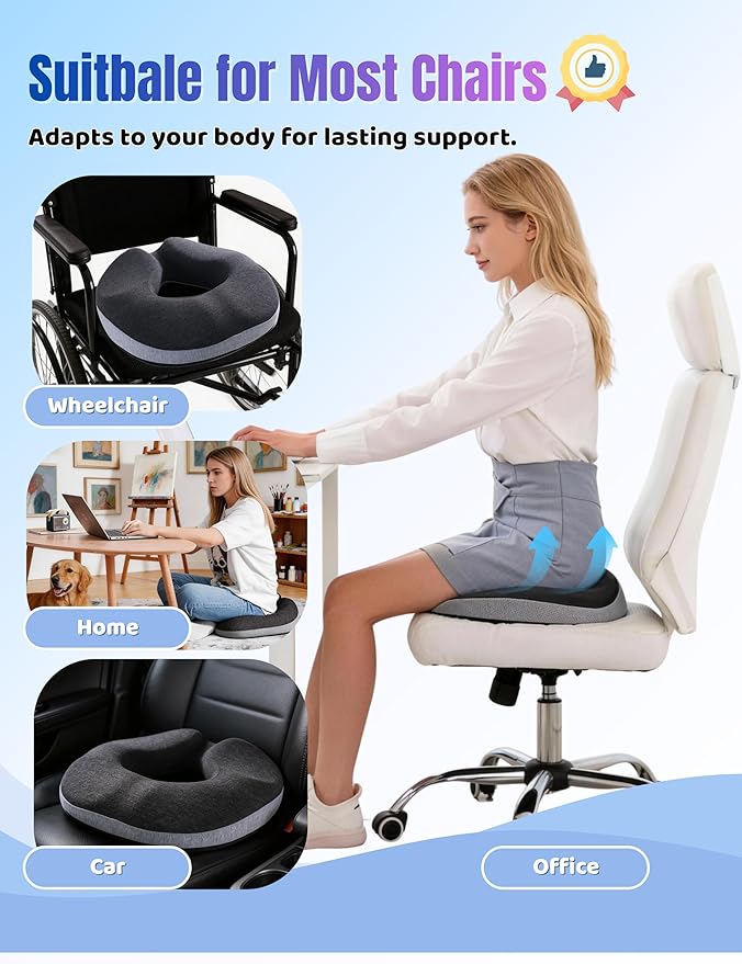 Donut Pillow for Tailbone Pain,Memory Foam Hemorrhoids Pillow for Sciatica Pain,Relief Ergonomic Donut Seat Cushion for Office Chair,Car,Wheelchair,Pregnancy,Coccyx and Washable(Black&Gray)