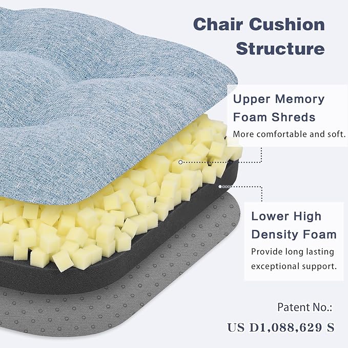 baibu Set of 2 Dining Chair Cushions, Dual-Layer Patent Design Memory Foam Kitchen Chair Cushions, Non-Slip Seat Pads with Ties, 16.5 x 16.5 x 3.5in, 2 Pack, Light Blue
