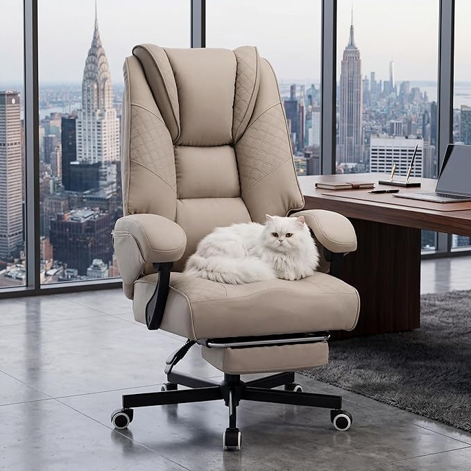 Ergonomic Gaming Office Chair for Adults, Big and Tall Heavy Duty Computer Desk Chair, High Back Video Game Chair with Footrest, Comfortable Leather Home Wide Gamer Chair with Lumbar Support (Beige)