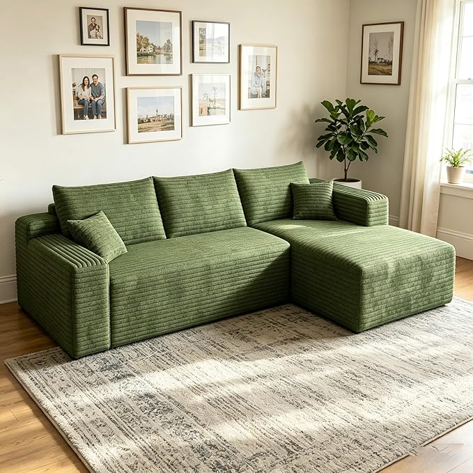 94" Boneless Couches with Right Facing Chaise for Living Room,Corduroy Sectional Couch,L-Shape Cloud Couches Compressed Memory Foam Cloud Sofa,No Assembly Required,Green