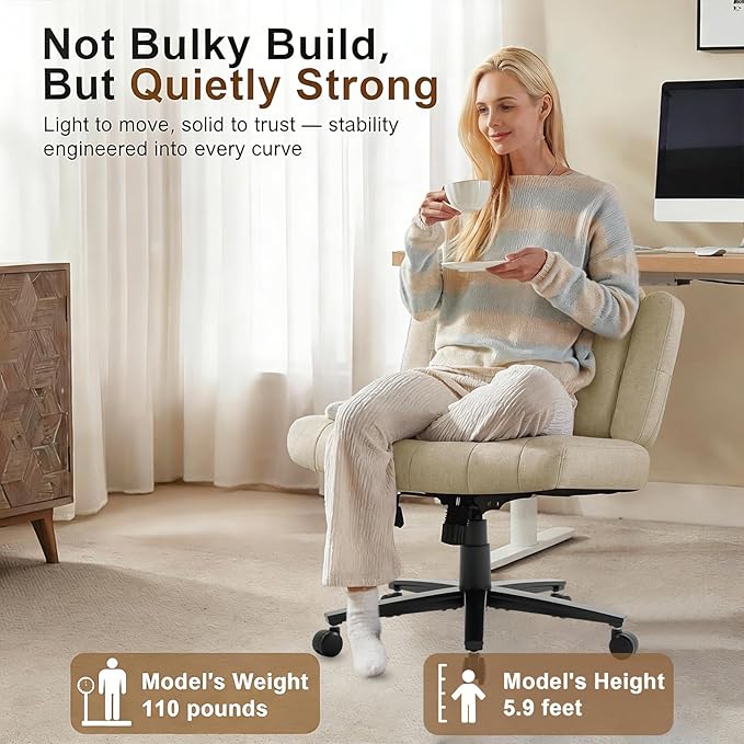 Vigosit Criss Cross Office Chair, Plush Oversized for Cross-Legged Sitting, Adjustable Arms & 360° Swivel Casters - for Home Office, Study, Gaming, Vanity, Comfortable Computer Chair(White)