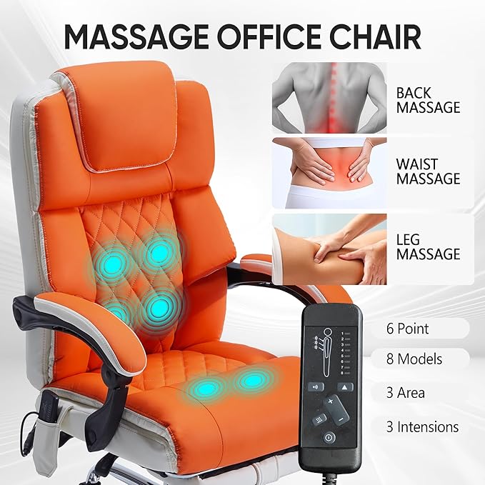 Massage Office Chair 6 Points 500lbs with Footrest,Reclining Desk Chair with Vibration Heat,Executive Big and Tall Chairs for Heavy People,Adjustable Height Ergonomic Orange