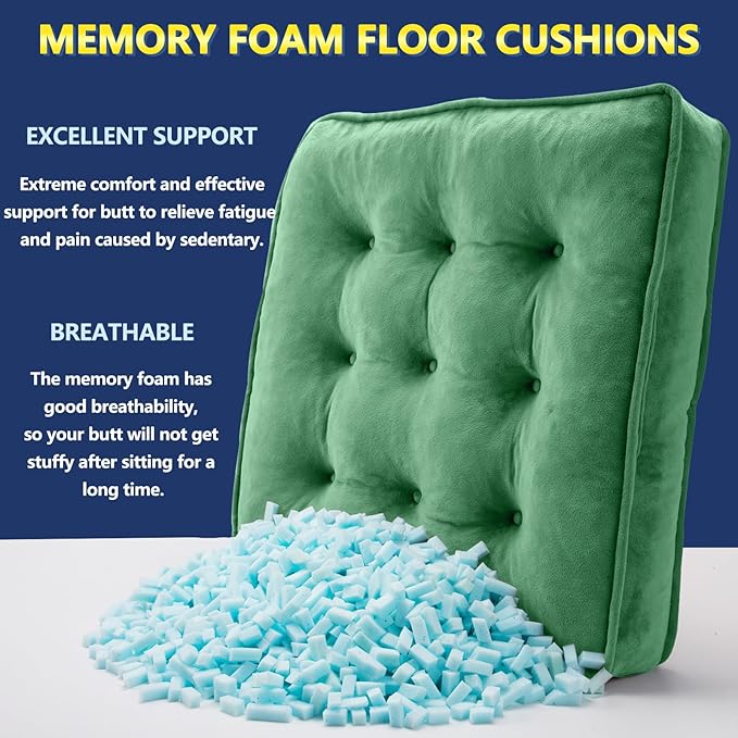 1 MIDDLE ONE Floor Pillow Set of 2, Memory Foam Meditation Cushion, Floor Cushions for Adults Sitting, Large Square Seat Cushions for Yoga, Living Room, 20x20 Inch (Green)