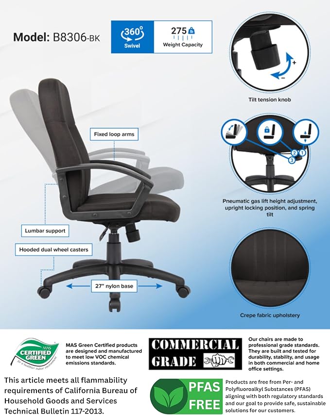 Boss Office Products Mid Back Fabric Managers Chair in Black, Black/Black (B8306-BK)