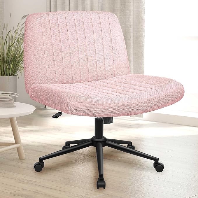 NEO CHAIR Criss Cross Chair with Wheels Armless Cross Legged Office Desk Wide Comfy Vanity Makeup Chair Adjustable Swivel Rolling Computer for Home Office Fabric (Pink)