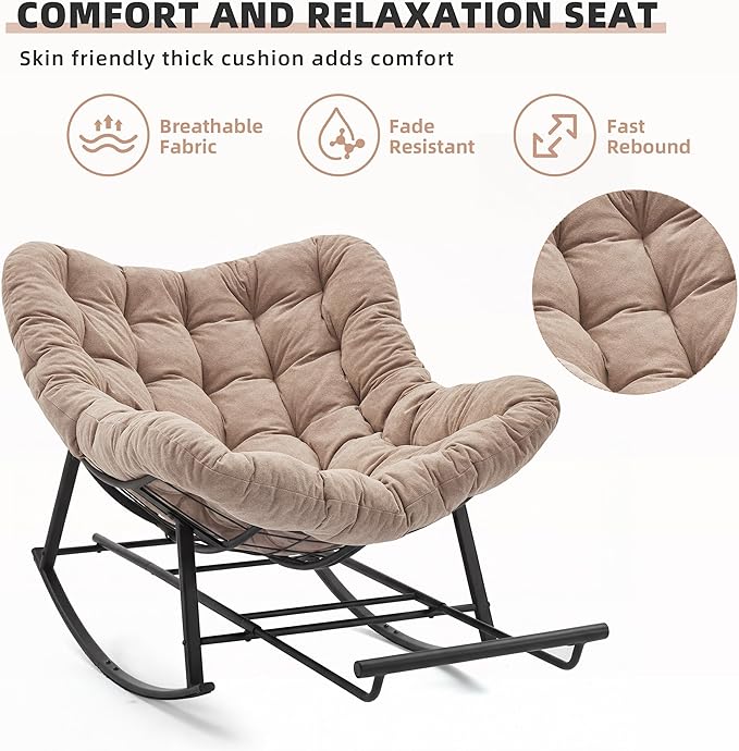 Oversized Rocking Chair Indoor with Foot Rest, Papasan Rocking Chair Outdoor, Lounge Chair with Cushion, Patio Egg Rocker Chairs, Comfy Reading Chairs for Living Room, Garden, Lawn, Khaki