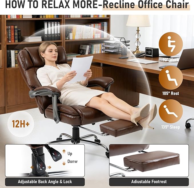 DYHOME 500 lbs Office Chair with Foot Rest, Ergonomic Reclining Big and Tall Office Desk Chair with Lumbar Support & Pocket Spring Cushion, High Back Computer Chair, PU, Thicker Seat Cushion (Brown)