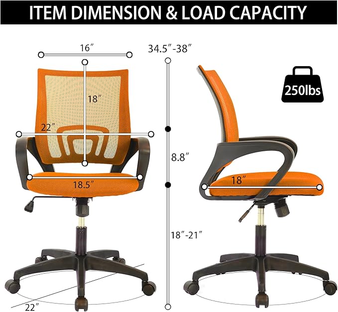 Orthopedic Office Chair - Supportive Backrest with Adjustable Seat Height & Tilt (Doctor Recommended Design), PVC Base, Orange
