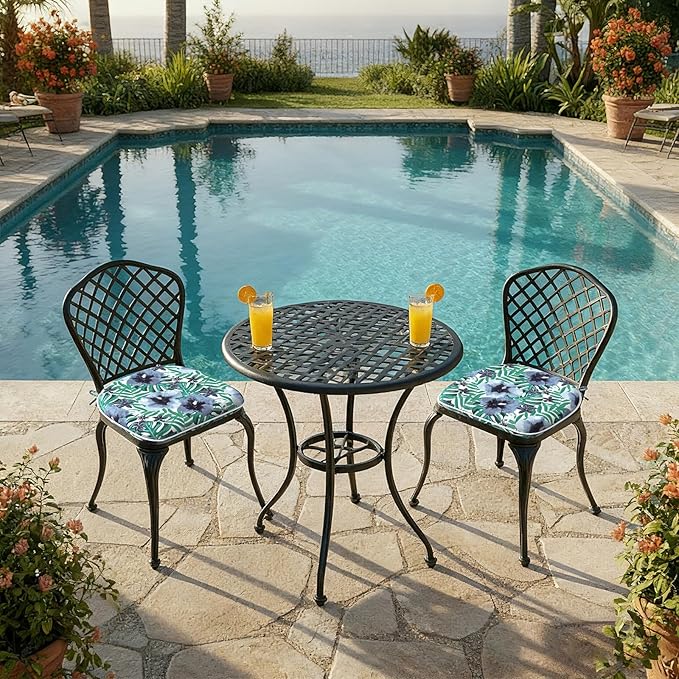 DYTXIII Set of 2 Outdoor Chair Cushions with Ties,Water Repellent Patio Chair Pads 17"x 16" for Outdoor Furniture,Round Corner Seat Cushions for Garden Yard Kitchen Blue Salmone Tropical