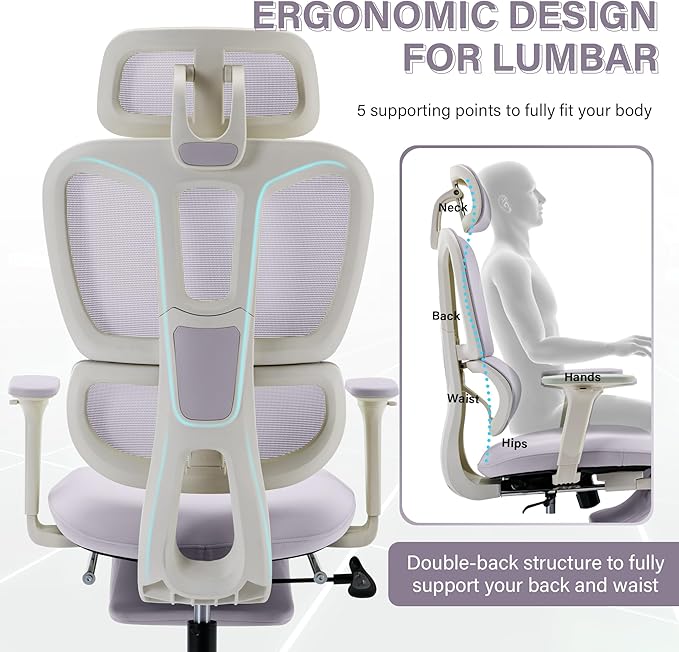 Ergonomic Office Chair with Footrest, High Back Computer Office Chair with Dynamic Lumbar Support, 2D Headrest, 2D Armrest, Sponge Seat, Mesh Home Office Desk Chair for Adults, Purple