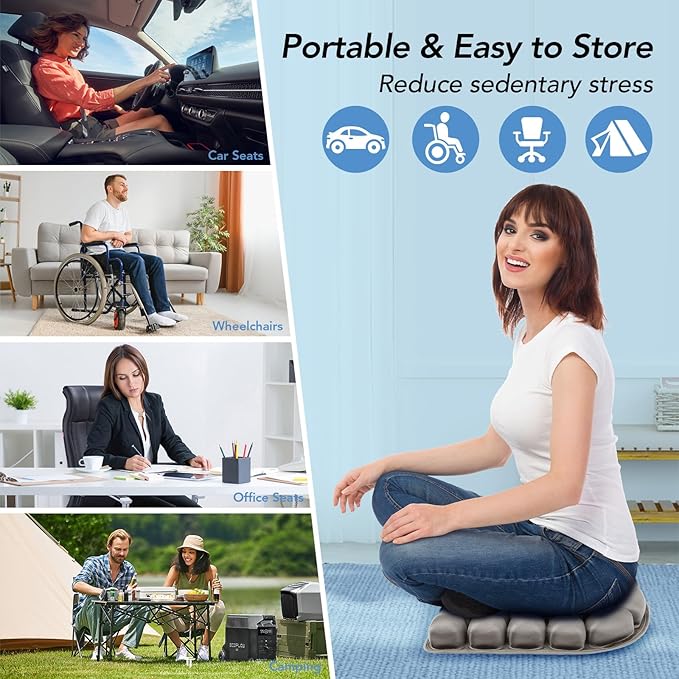 Travel Seat Cushion, 3D Air Inflatable Pressure Relief Cushion for Hemorrhoid and Tailbone Pain Relief, Optimal Support for Long Sitting in Car, Air Travel, Office Chairs, Home Living