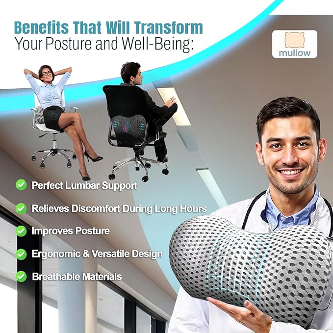 Mullow® Lumbar Support Pillow for Office Chair | for Low Back Pain Relief | Memory Foam Ergonomic Sreamline | for Car, Office Chair, Home, Bed, Seat Cushion(Grey)