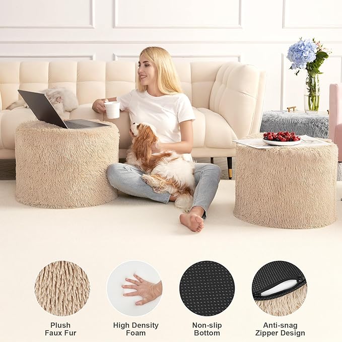 Hansleep Round Stuffed Pouf Ottoman 20 x 15, Foam Filled Faux Fur Ottoman Foot Rest for Chair with Washable Cover, Foot Stools Under Desk for Living Room & Bedroom, Brown