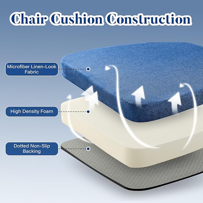 Chair Cushions for Dining Chairs Set of 6, D-Shaped Chair Pads with Non-Slip Bottom, Kitchen Seat Cushions with Removable Cover, 16 x 17 inch, Navy Blue
