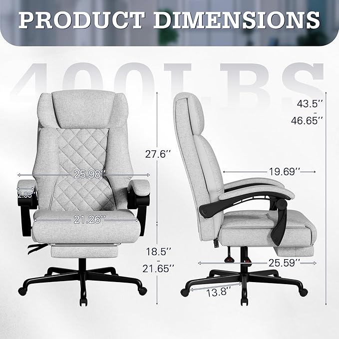Furmax Massage Office Chair with Foot Rest 6 Points Vibration 400LBS Big and Tall Office Chair for Heavy People High Back Reclining Executive Computer Chair for Home Office Desk (Grey)