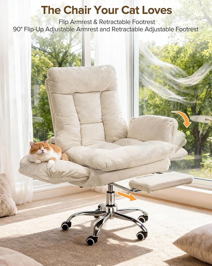 Multifunctional Big and Tall Office Chair with Footrest, 180° Reclining Comfy Computer Gaming Chair with Flip-Up Armrests for Pets & Cross-Leg Sitting, Ergonomic Desk Chair for Work, Gaming & Nap