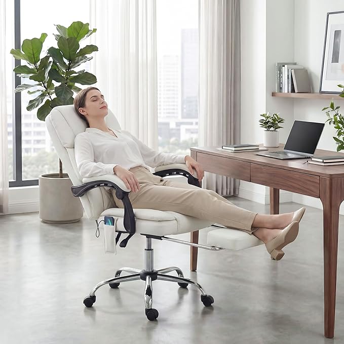 HOMREST 3D Kneading Massage Office Chair with 16 Kneading Nodes & Lumbar Support,Ergonomic Reclining Desk Chair with Footrest & Linkage Armrests,PU Leather Executive Chair with for Home Office (White)