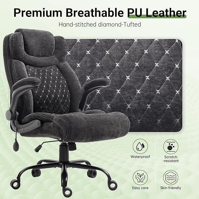 Office Chair, Big and Tall Executive Chairs with Lumbar Support for Back Pain, Breathable Fabric Desk Computer Chair with Adjustable Flip-up Armrests,Wide Cushion Swivel Home Office Chair Black,Black