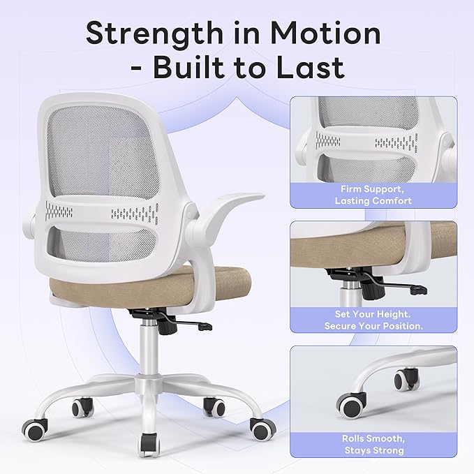 amseatec Office Chair，Ergonomic Mesh Desk Chair,Flip-Up Arms,Adjustable Height,Breathable Mesh Back & Thick Cushion Seat,360°Swivel Rolling Computer Chair,BIFMA Certified,Supports 300 lbs(Beige)