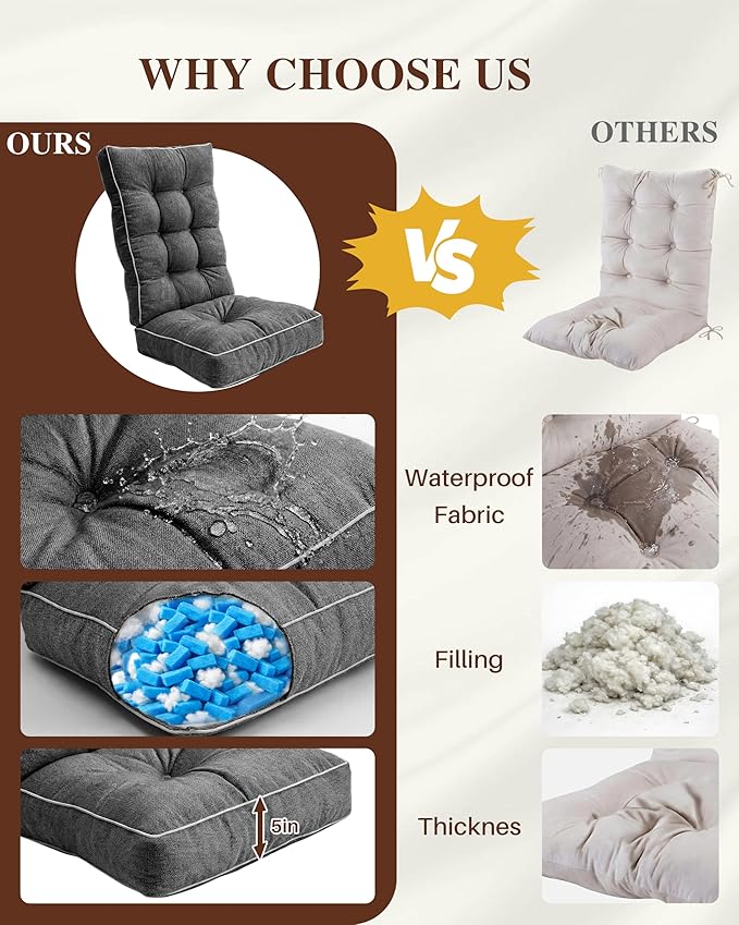Rocking Chair Cushions Indoor, 5-inch Thicken Seat Cushion with Memory Foam Non-Slip Tufted Chair Pads Set of Seat & Back Cushion for Outdoor Rocker Living Room, Dark Grey, 22x17x5/17x17x5