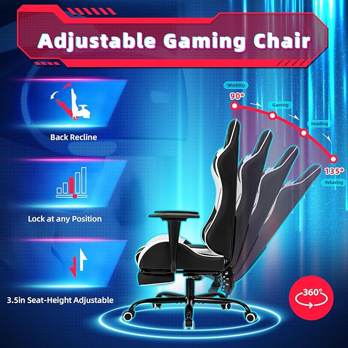 ECOTOUGE PC Massage Gaming Chair with Footrest Ergonomic Office Desk Chair Racing PU Leather Recliner Swivel Rocker with Headrest and Lumbar Pillow,White