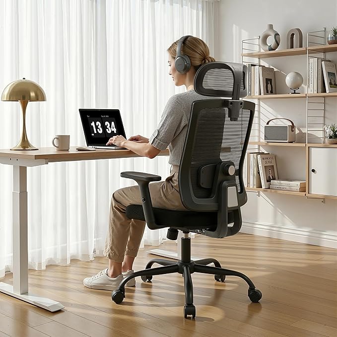 Ergonomic Office Chair Mesh High Back, Office Desk Chair with Adjustable Lumbar Support, Rolling Work Chairs with Wheels and 3D Headrest, Black
