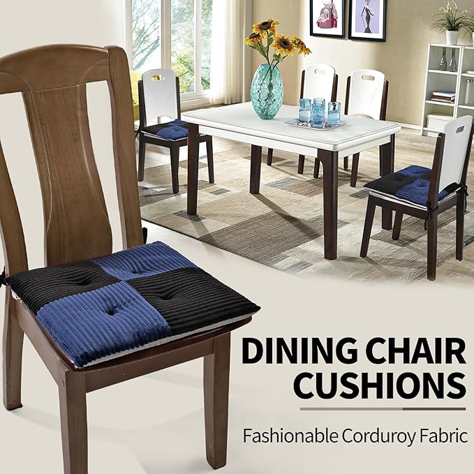 Office Stacking Chair Cushion with Ties, Corduroy High Density Foam Non-Slip Kitchen Seat Cushion, Square 17" x 17" Indoor Dining Chair Pads, Black+ Navy, 1 PCS