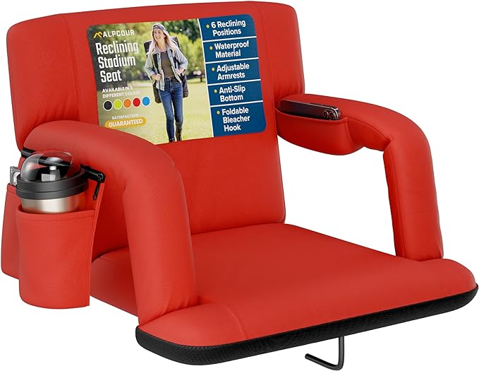 Alpcour Reclining Stadium Seat – Wide Bleacher Chair with Back Support and Cushion, Armrests, Side Pockets, and Bleachers Hook – Best Stadium Seats Chairs for Camping, Kayak, & Paddle Board Backs