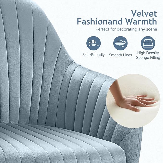 Warmiehomy Velvet Desk Chair for Home Office, Girls' Vanity Chairs with Arm Rest, Office Chair with Wheels, Computer Chair for Room, Velvet Dusk Blue