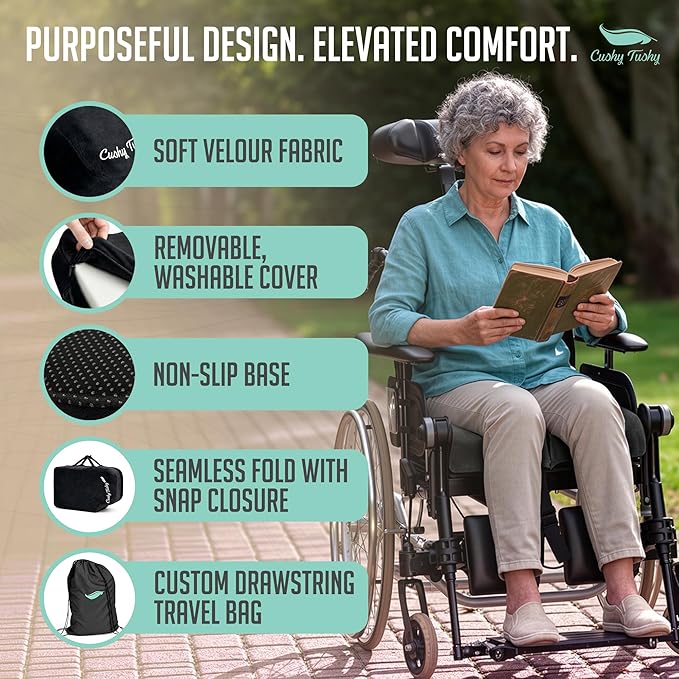 Cushy Tushy Premium Foldable Wheelchair Cushion - for Relief of Lower Back, Sciatic, Butt and Tailbone Pain - for Home & Office Use, Perfect for Travel or Driving - Black Coccyx Seat Cushion