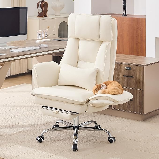 Big and Tall Office Chair, Cloud Reclining Office Chair with Footrest & Flip Armrest for Pets, Executive Ergonomic Criss Cross Desk Chair, Swivel Computer Gaming Chair with Lumber Pillow, PU Beige