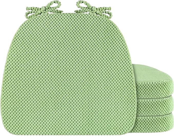 Green Chair Cushions with Ties Removable Covers, D Shape Foam Dining Kitchen Chair Seat Pads Non Slip 17"x16" Set of 4