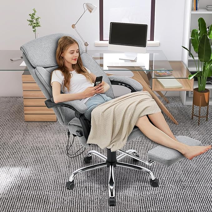 HOMREST Reclining Office Chair with 4-Point Massage, Breathable Fabric Executive Chair with Retractable Footrest, Ergonomic Computer Chair with High Back, Reclining Gaming Chair for Home, Light Grey