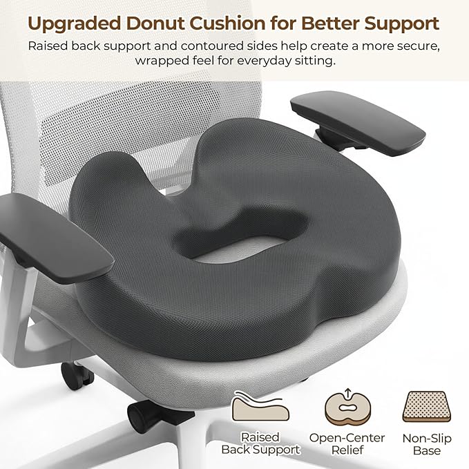 TushGuard Ergonomic Donut Pillow Seat Cushion with Raised Rear Support, Large Memory Foam Cushion for Tailbone, Hemorrhoids & Sciatica Relief, Office Chair, Car, Travel, Postpartum, Grey