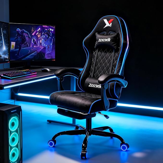 Velvet Gaming Chair, Ergonomic High Back Racing Chair with Footrest, Spring Wide Cushion, Adjustable Headrest & Lumbar Support, 90-135° Recline, 360° Swivel, 300lbs for Home Office, Blue