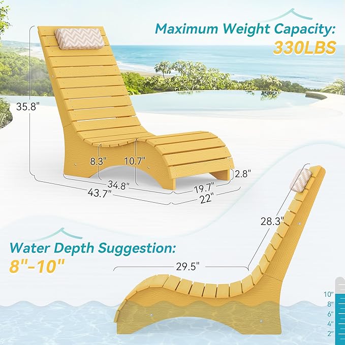 HDPS Pool Lounge Chairs, Use in Pools Lounge Chairs up to 10-Inches of Water, Chaise Chairs with Headrest, Lounge Chair Outdoor, Fade-Resistant Pool Lounger for Deck