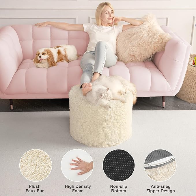 Hansleep Round Stuffed Pouf Ottoman 20 x 15, Foam Filled Faux Fur Ottoman Foot Rest for Chair with Washable Cover, Foot Stools Under Desk for Living Room & Bedroom, Beige