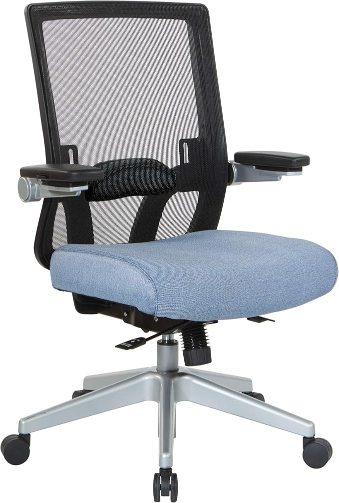 Space Seating 867 Series Adjustable Manager's Chair with Breathable Mesh Back, Lumbar Support and Padded Flip Arms, Blue Fabric Seat with Silver Nylon Base