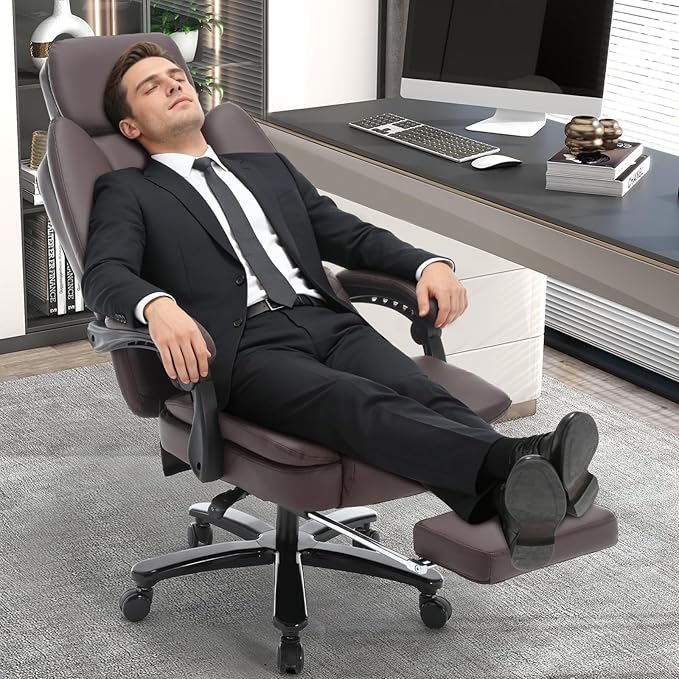 500lbs Plus Size Office Chair with Lumbar Support, PU Leather Big and Tall Heavy Duty Reclining Office Desk Chair with Foot Rest, Brown