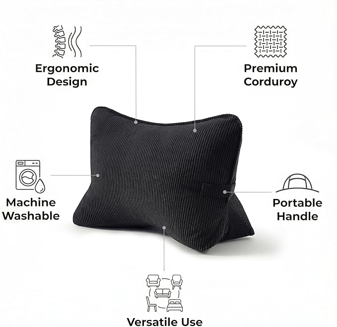 Pat. Pend. Corduroy Lumbar Support Back Pillow for Sitting, Back Cushion for Sofa or Bed Sitting, Gaming, Reading & Watching TV, Ergonomic Triangle Backrest Pillow, Lamp Black