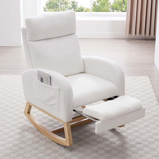 40" Teddy Nursing Rocking Chair, Nursery Chairs with Adjustable Foot Rest, High Backrest Upholstered Arm Chair with Side Pockets, Wood Rocking Chair for Living Room, Bedroom, Baby Room (White)